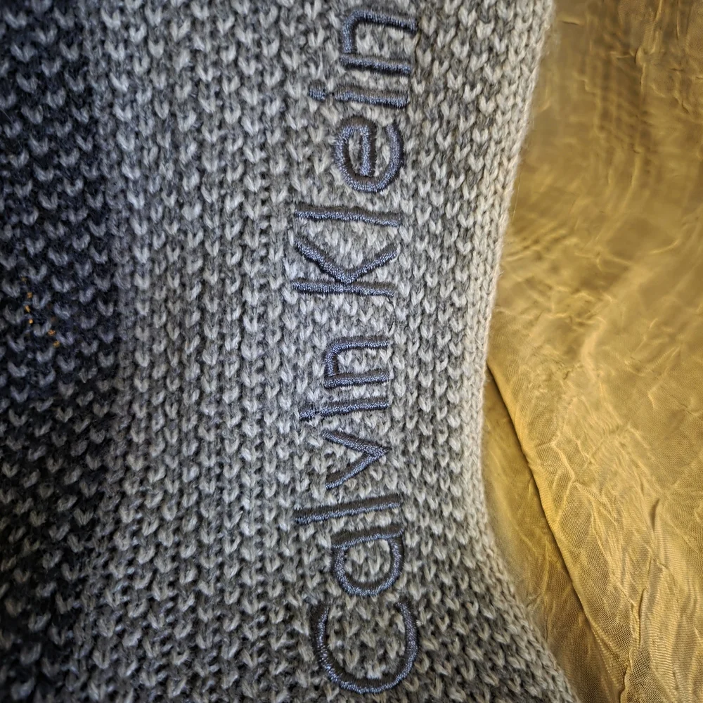Calvin Klein Gray & Black Logo Knit Scarf | Fringe Winter Scarf